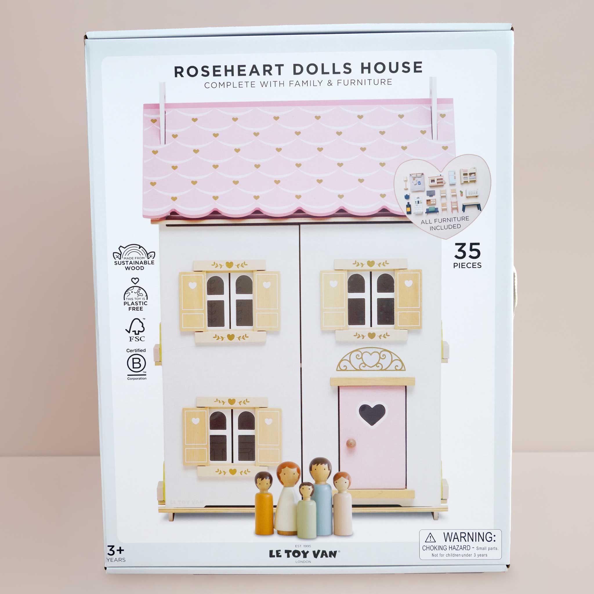 Roseheart Wooden Dolls House, Furniture & Family